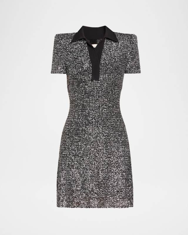 Sequined Tweed Pattern Polo Dress